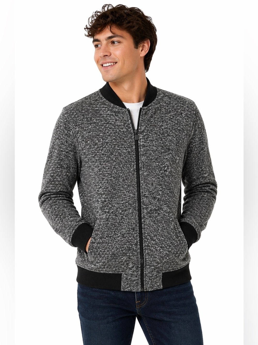 Union SEA WA Men’s Gray Knit Bomber Jacket Utility Pocket Small